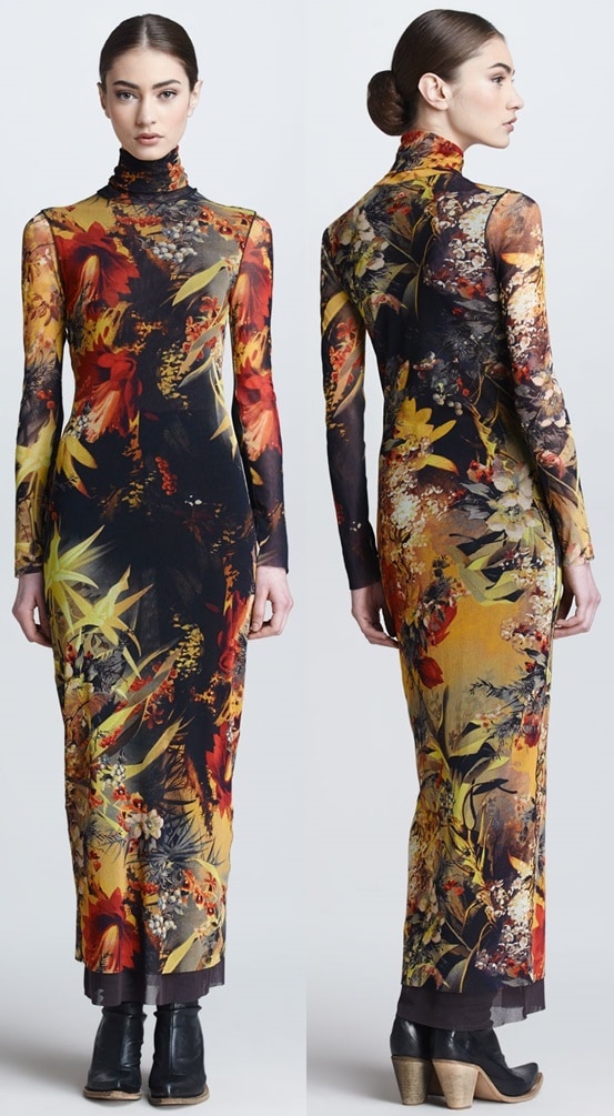 Jean Paul Gaultier Winter Garden long-sleeve turtleneck dress features a dramatic botanical print layered over a sheer, body-skimming silhouette that fuses romantic florals with signature avant-garde edge