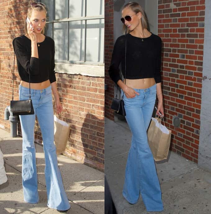 How to Wear Retro Flared Denim Jeans Like Karlie Kloss Karlie Kloss arrives at the Donna Karan New York show during Spring 2014 Mercedes-Benz Fashion Week, flaunting her chic retro-inspired look in New York City on September 10, 2013