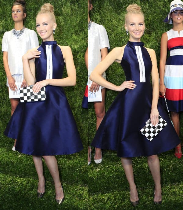 This satiny blue dress by Kate Spade is perfect for weddings and soirées, featuring a halter style with a straight top and flared skirt