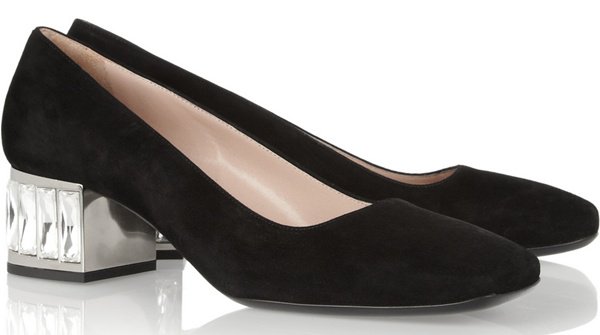 Miu Miu black suede pumps with crystal-embellished block heels