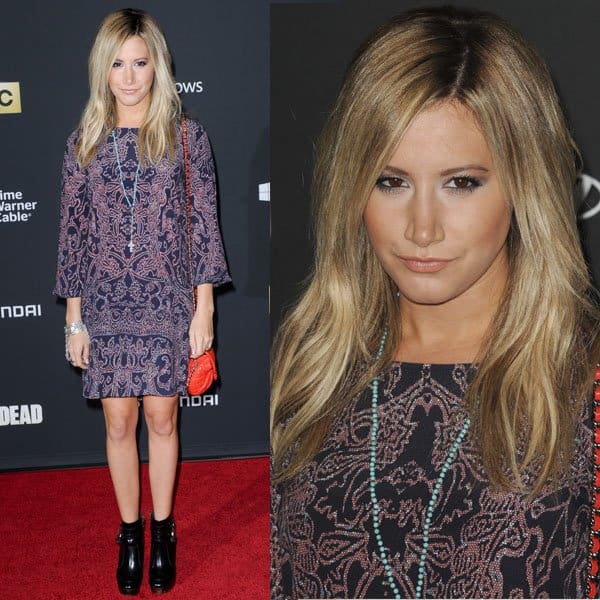 Ashley Tisdale wearing a cathedral-print dress from Sam Lavi at the premiere of 'The Walking Dead' season four