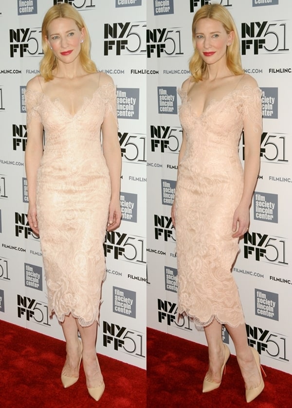 Cate Blanchett attended the 51st New York Film Festival, stunning in a custom-made Armani Privè crinoline lace cocktail dress with a plunging neckline