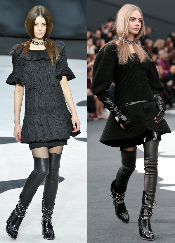 Models showcase Chanel’s fierce chain-adorned thigh-high boots on the runway, pairing edgy footwear with structured black dresses for the Spring 2014 collection
