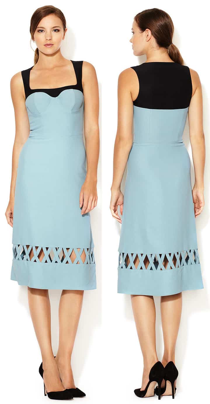 Giulietta Crepe Shaped Bust Cut Out Dress ($699), a feminine design featuring bold lattice hem detailing and contrast black straps