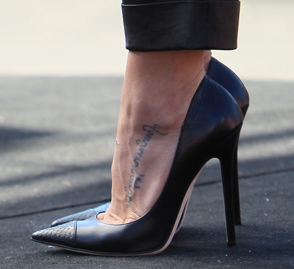 Jenna Dewan flaunts her foot tattoo while boosting her height in sleek Jimmy Choo pumps with snakeskin detailing