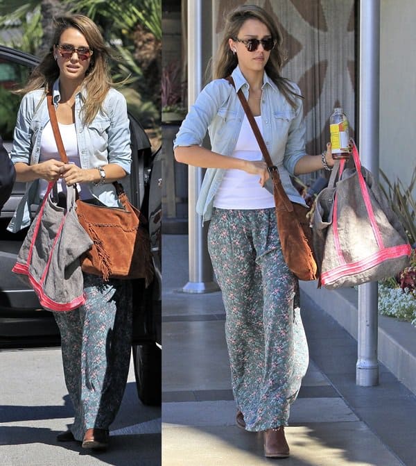 Jessica Alba, spotted in Los Angeles on September 29, 2013, wore Lookmatic Marlowe sunglasses, Isabel Marant Caleen studded leather concealed wedge boots, a Jennifer Meyer gold diamond curved stick necklace, a Rails Olivia skirt in green floral, and carried a Vanessa Bruno tote
