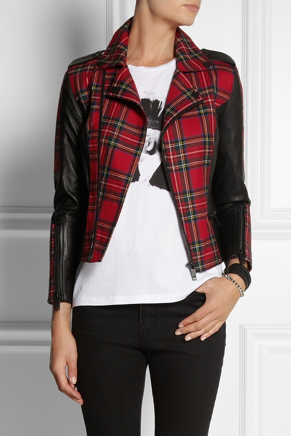 Karl Lagerfeld 'Vicious' tartan biker jacket with snap-fastening epaulets and zipped pockets