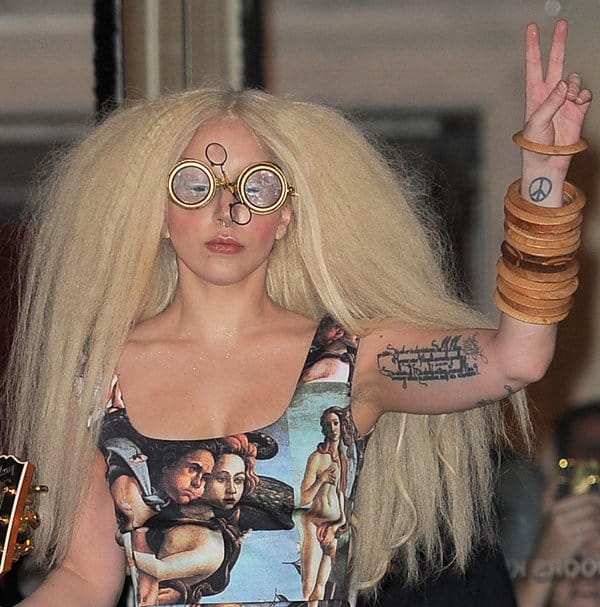 Lady Gaga pairs wooden bangles with steampunk goggles for a bold look