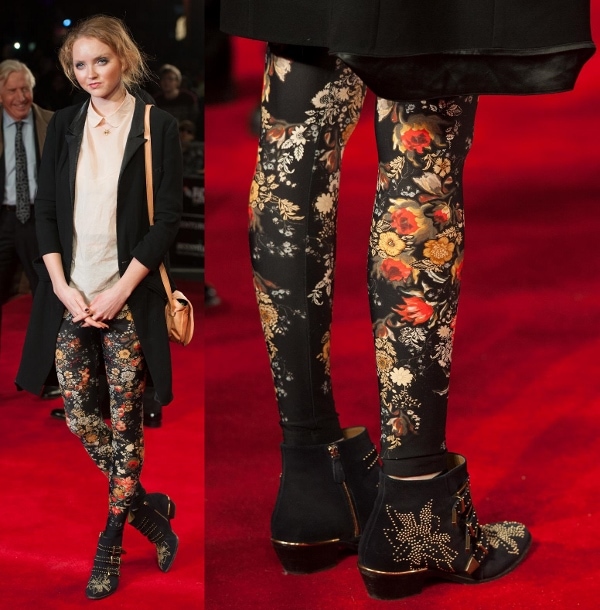 Lily Cole brings bohemian flair to the red carpet in floral-patterned leggings, studded ankle boots, and a chic black coat at the premiere of Twelve Years A Slave during the BFI London Film Festival on October 18, 2013