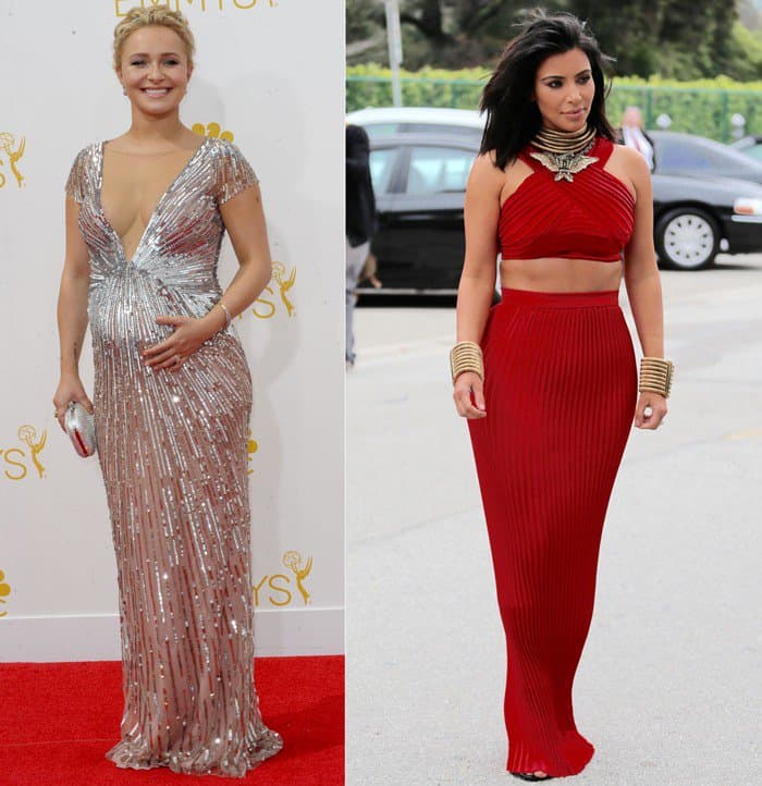 Hayden Panettiere stuns in a shimmering silver maxi dress with delicate jewelry, embracing red carpet elegance, while Kim Kardashian opts for bold statement accessories to complement her striking red two-piece ensemble