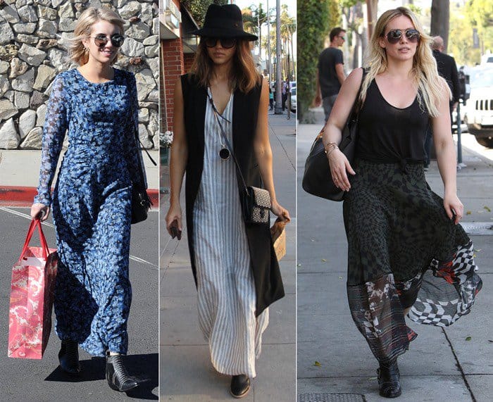 Emma Roberts keeps it effortlessly chic in a blue floral maxi dress and ankle boots in West Hollywood / Jessica Alba layers a striped maxi dress with a long vest and clog boots for a relaxed yet polished look / Hilary Duff adds an edgy twist to a sheer black maxi dress with silver-studded ankle boots while out in West Hollywood