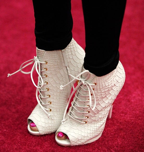Nicki Minaj rocking white crocskin Giuseppe Zanotti booties
