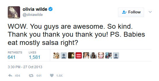 Olivia Wilde humorously thanks fans while joking about pregnancy cravings with a playful salsa tweet