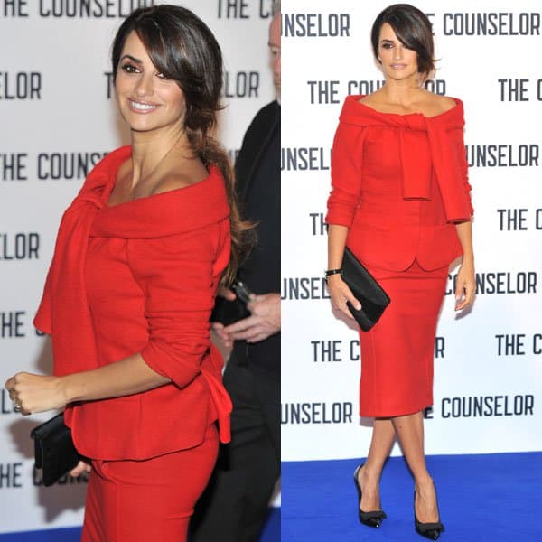 Penélope Cruz styled a tie shoulder wool jacket with a wool skirt
