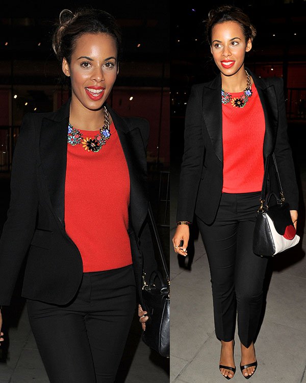 Rochelle Humes of The Saturdays opted for a sleek and sophisticated look to launch their new album, Living for the Weekend, at the Google Hangout