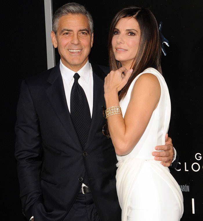 Sandra Bullock looking like a Greek goddess in a white Giambattista Valli dress at the 'Gravity' premiere held at AMC Lincoln Square Theater in New York City on October 1, 2013