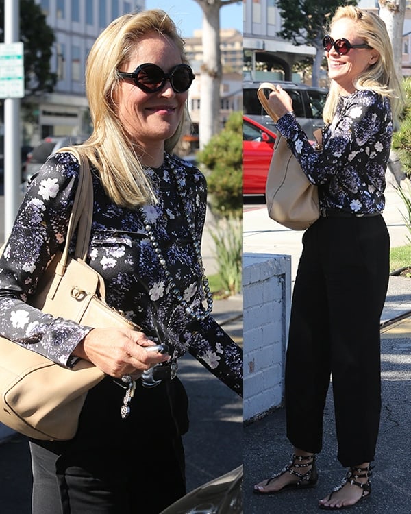 Sharon Stone exudes timeless elegance in a chic monochrome ensemble while out in Beverly Hills, California, captured on October 7, 2013