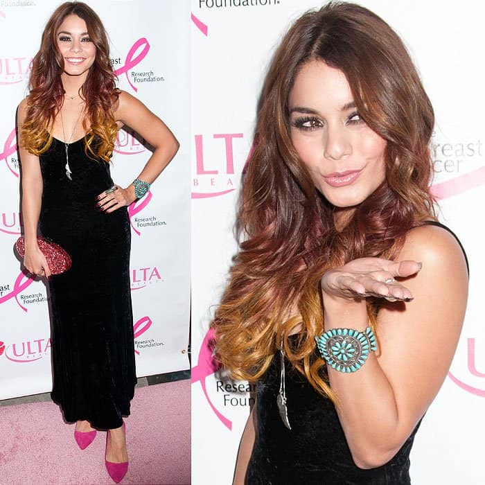 Vanessa Hudgens dazzles in a slinky black velvet dress, accessorized with vibrant pink Alice + Olivia Dina pumps and bohemian-inspired jewelry