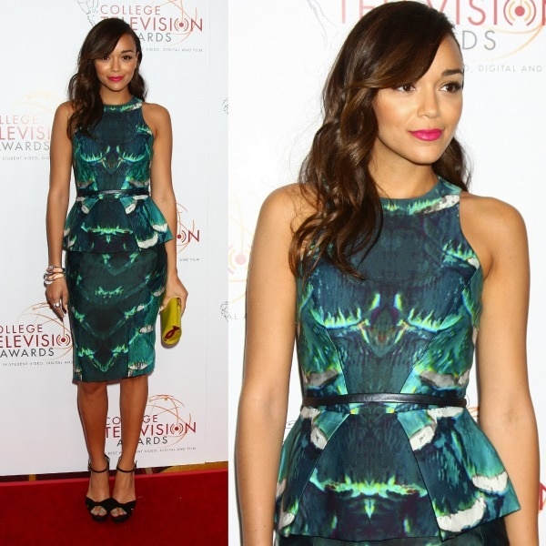 Ashley Madekwe turned heads at the 34th College Television Awards Gala in a Monique Lhuillier Spring 2013 peplum ensemble paired with Jimmy Choo’s chartreuse ‘Tube’ clutch and black ‘Greta’ sandals