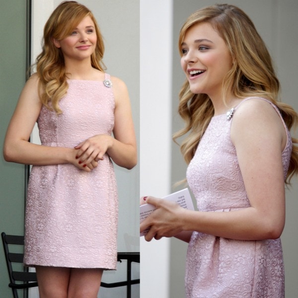 Chloë Grace Moretz exuded elegance in her dusty pink Dolce Gabbana embroidered sheath dress
