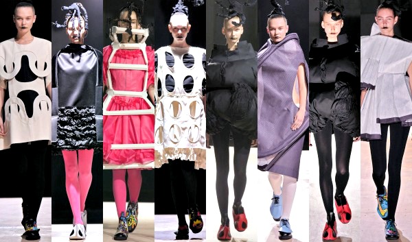 Models showing off the latest avant-garde designs from the Spring/Summer 2014 collection of Comme des Garçons during Paris Fashion Week held in Paris on September 28, 2013
