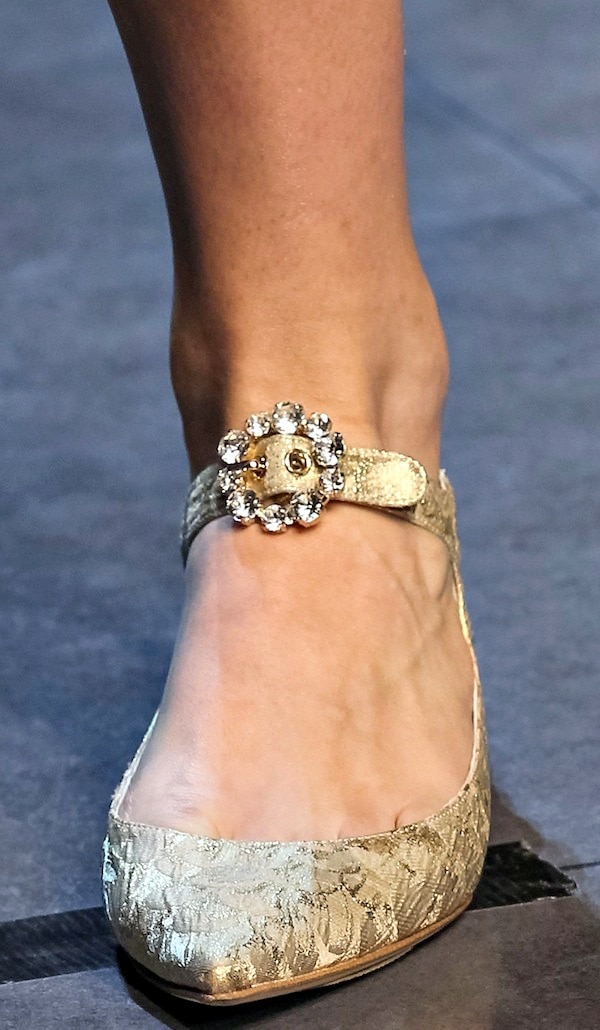 Gold Dolce Gabbana flats with a floral-patterned fabric and a jeweled buckle strap