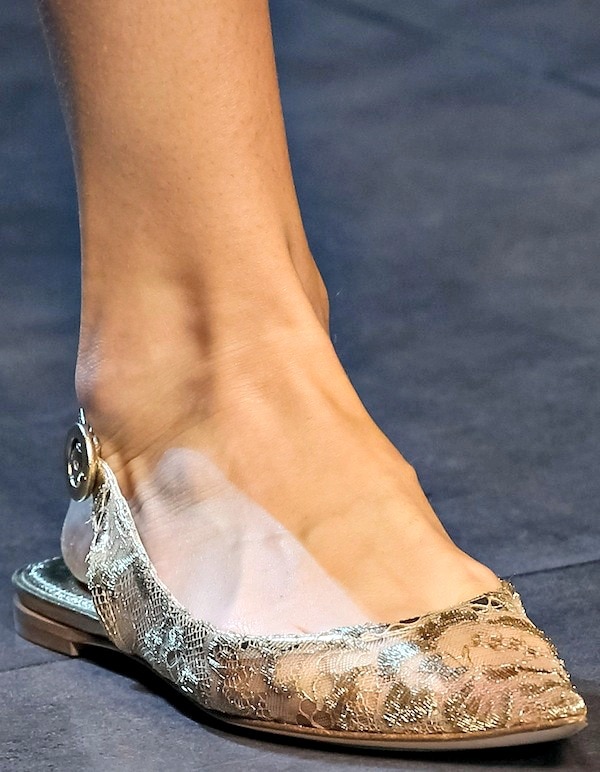 Gold Dolce Gabbana flat slingback shoes with a floral lace overlay and a pointed toe