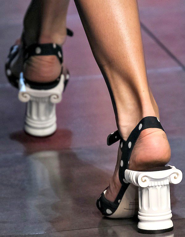 Black and white polka dot Dolce Gabbana sandals with Doric column heels