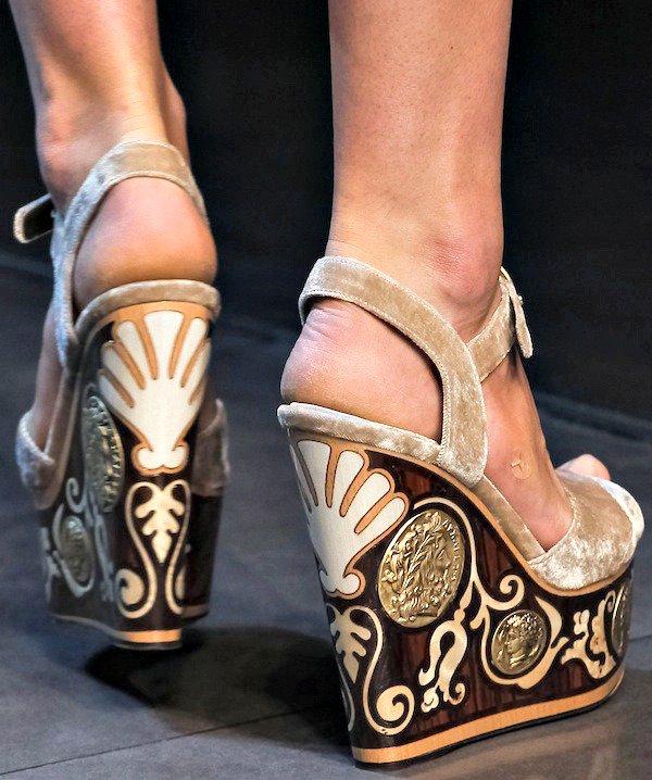Velvet Dolce Gabbana wedge sandals with gold coin and ornate detailing on the platform