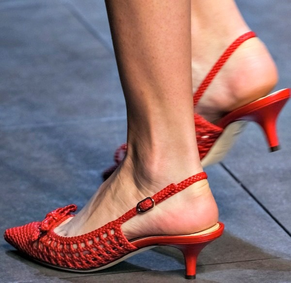 Red Dolce Gabbana slingback heels with a woven design and kitten heels