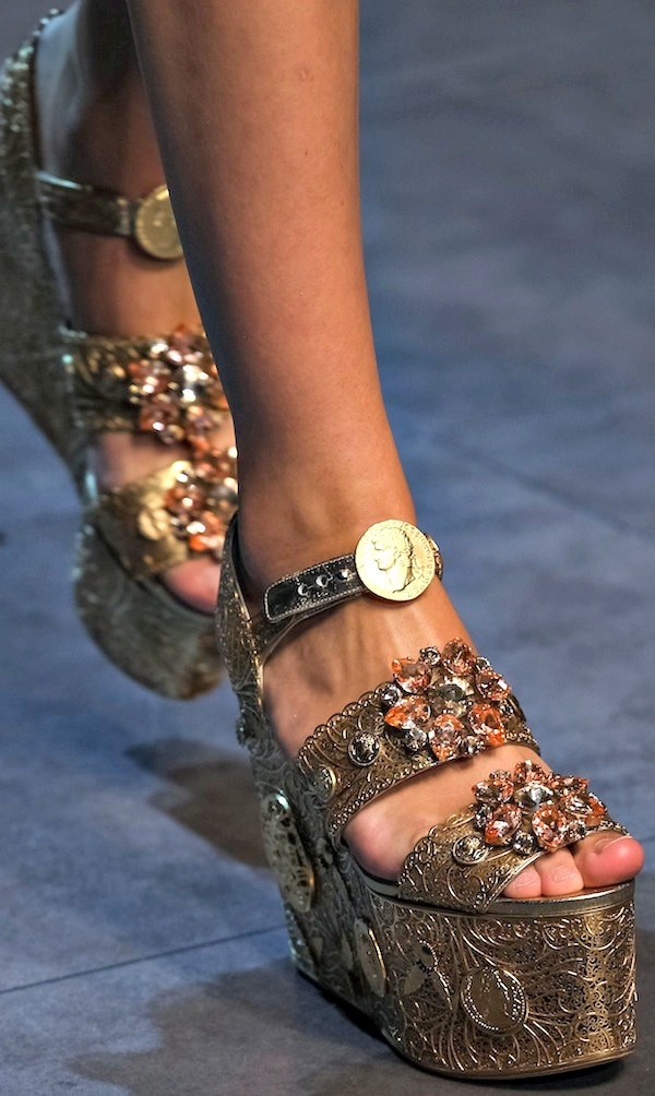 Gold Dolce Gabbana wedge sandals with intricate floral embellishments and gold coin details