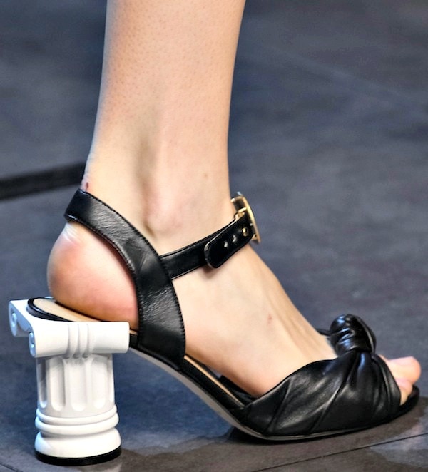Black Dolce Gabbana sandals with a unique Doric column heel and a knotted front design