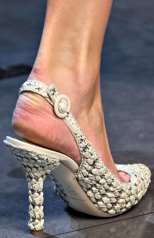 White Dolce Gabbana slingback heels with a woven design and braided detailing on the heel