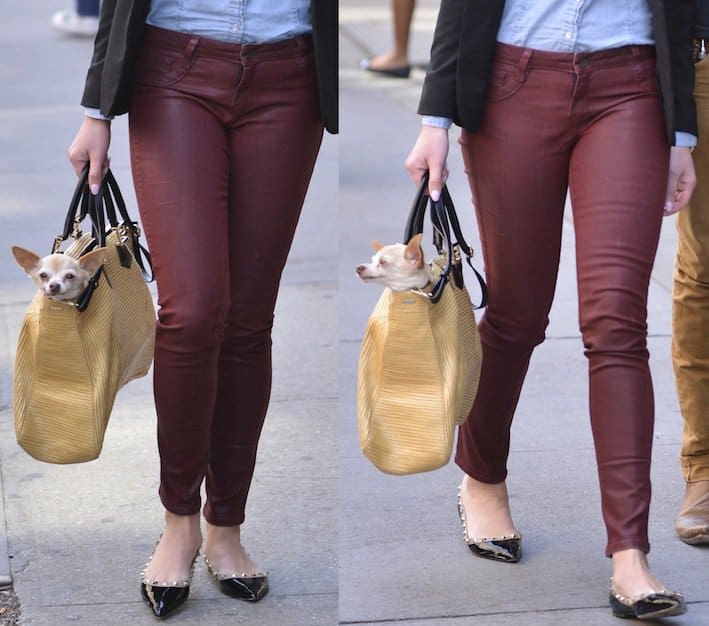 Burgundy Coated Denim Jeans Katherine Heigl pairs burgundy-coated denim jeans with a light chambray top and a sleek black blazer