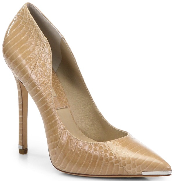 Michael Kors “Avra” Snakeskin Pumps in Toffee — A sleek pointed-toe stiletto in glossy toffee snakeskin, finished with a subtle metallic toe cap and a leg-lengthening high heel