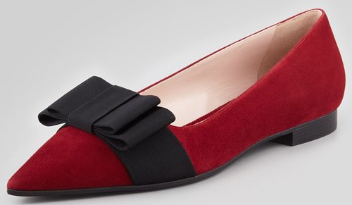 Miu Miu Bow-Embellished Flats in Red Suede