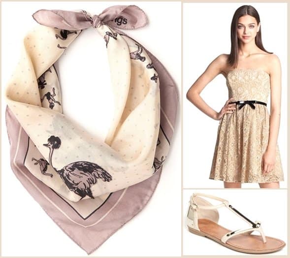 Nice Things Fashion's Afoot Scarf, Max Cleo Lace Fit and Flare Dress, and Zigi Girl Arrow Sandals
