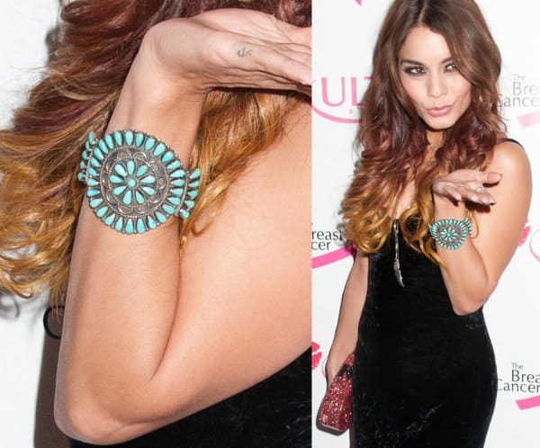 Vanessa Hudgens' turquoise bracelet stands out as she blows a kiss to the press