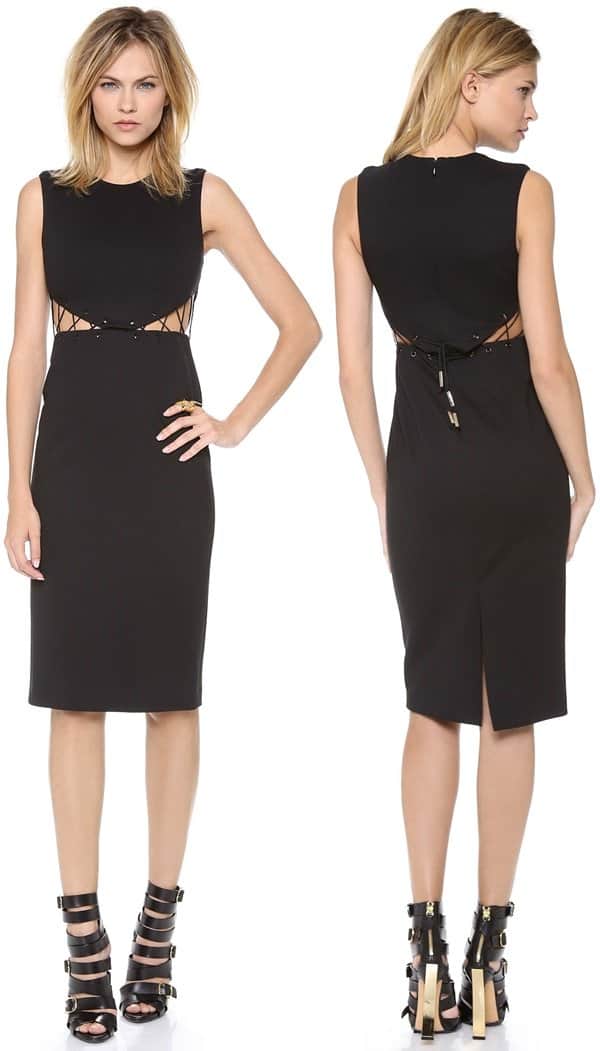 This black Cushnie et Ochs cutout sheath dress uses lace-up side detailing and a clean midi silhouette to deliver a refined yet provocative take on contemporary evening wear