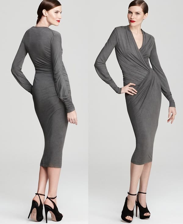 Donna Karan New York Gray Twisted Plunge Dress, $1,695 — a masterclass in draping, featuring a plunging wrap neckline, gathered twist detail at the hip, and a body-skimming jersey silhouette that highlights the designer's signature approach to effortless glamour