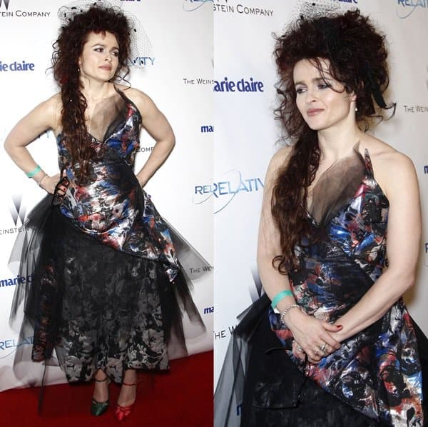 Helena Bonham Carter embraces her signature eccentric style at Weinstein Company’s 2011 Golden Globe after-party in Los Angeles wearing a dramatic Vivienne Westwood dress with layered tulle panels, abstract painterly textures, and deliberately mismatched heels — one green and one pink — transforming unconventional footwear into the defining detail of the red-carpet look on January 16, 2011