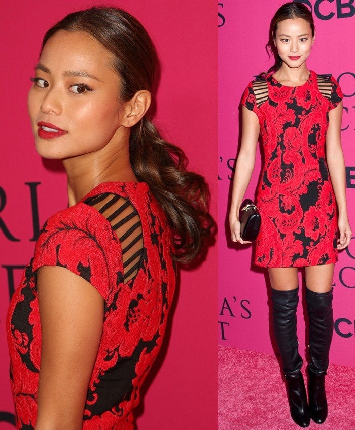 Jamie Chung in a brocade red-and-black sheath dress by Parker