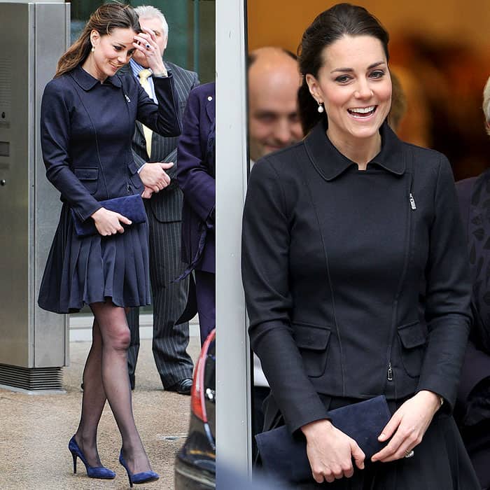 On November 20, 2013, at the Place2Be Forum, Kate Middleton wore an Orla Kiely solid crepe blend skirt, paired with a Stuart Weitzman for Russell Bromley navy suede muse clutch, Annoushka pearl drop earrings on Kiki McDonough diamond hoop earrings, and the Royal Collection Garrard 12k Ceylon sapphire and diamond engagement ring