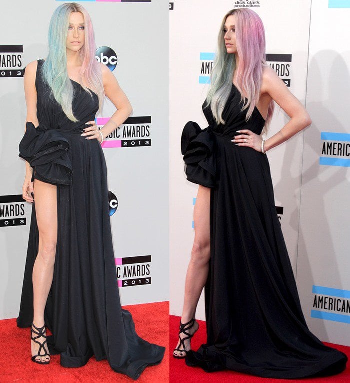 Ke$ha stuns on the red carpet at the 2013 American Music Awards, wearing a daring, high-slit black Michael Costello gown paired with strappy Giuseppe Zanotti heels and her signature pastel, split-dye hair