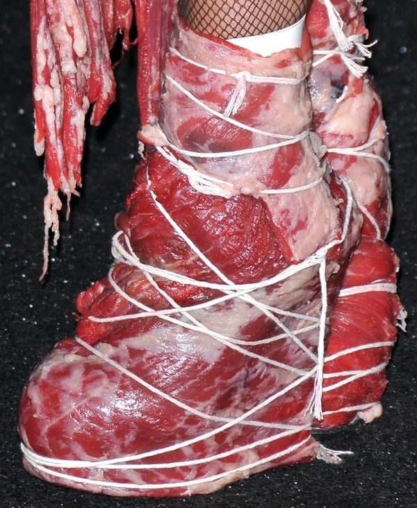 A close-up of Lady Gaga’s meat-covered platform boots reveals how the footwear extended the shock value of her 2010 VMA ensemble, with slabs of raw beef layered over towering shoes and secured with white string to transform conventional red-carpet heels into wearable performance art