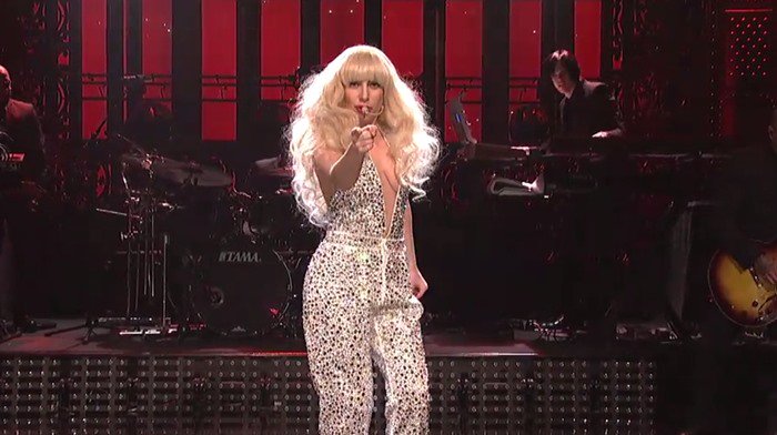 Lady Gaga wears a sparkly jumpsuit for her performance on Saturday Night Live