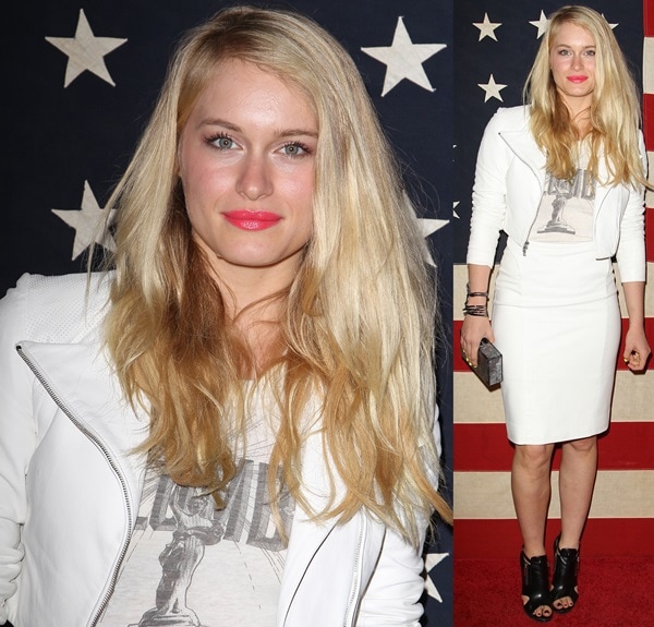 Leven Rambin rocks an edgy yet chic look in a white Adeam ensemble paired with Michael Kors cutout booties, completing the outfit with a marbled Edie Parker clutch at Nylon Magazine's celebration of "America the Issue"