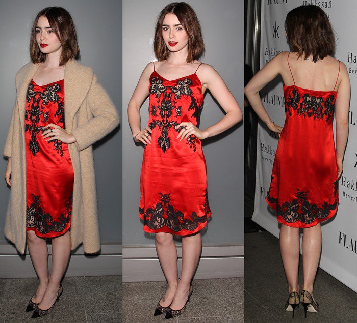 Lily Collins exudes elegance in a red and black embroidered Givenchy slip dress, paired with vampy red lips, tousled hair, and chic Jimmy Choo pumps