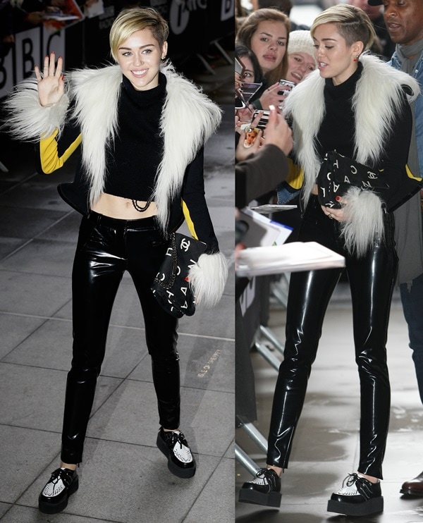 Miley Cyrus in skintight PVC trousers paired with a black fur-trimmed coat
