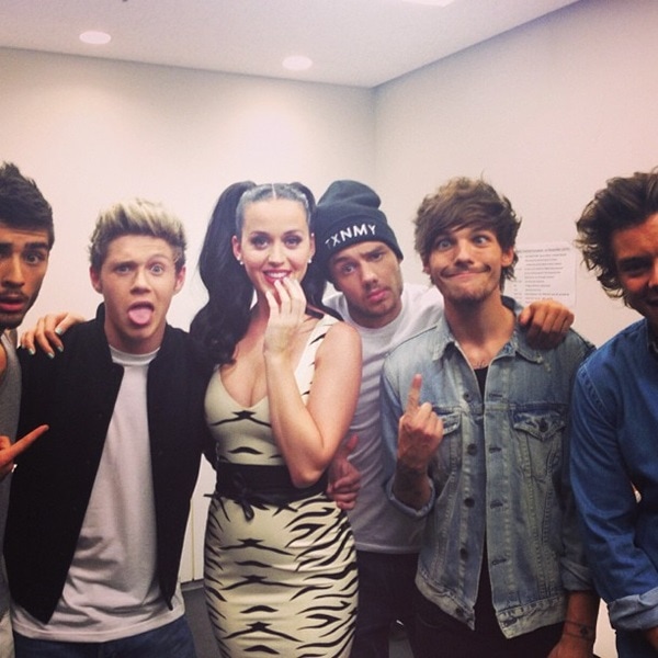 Katy Perry, striking a pose in a distinctive tiger-print dress with a wide black belt, joins One Direction for a fun photo